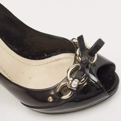Pre Owned Dior Black Patent Leather Bow Chain Detail Peep Toe Pumps Size 39.5