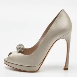 Dior Grey Satin Peep Toe Platform Pumps Size 38.5