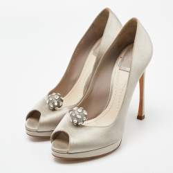 Dior Grey Satin Peep Toe Platform Pumps Size 38.5