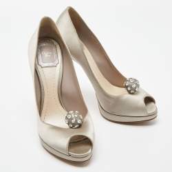 Dior Grey Satin Peep Toe Platform Pumps Size 38.5