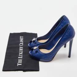 Pre Owned حذاء كعب عالي ديور جلد لامع وجلد كاناج بيج مزين فيونكة مقدمة مفتوحة نعل سميك مقاس 41