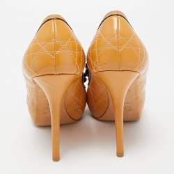 Pre Owned Dior Light Orange/Black Cannage Patent Leather Bow Peep Toe Pumps Size 38.5