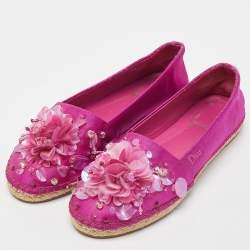Pre Owned Dior Pink Canvas Embellished Espadrille Flats Size 37