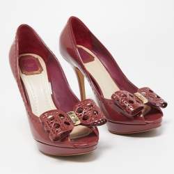 Pre Owned Dior Dark Pink Patent Leather Cannage Cut Out Bow Peep Toe Platform Pumps Size 40.5
