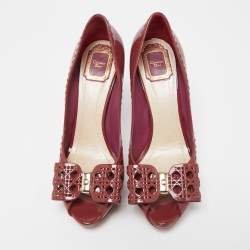 Pre Owned Dior Dark Pink Patent Leather Cannage Cut Out Bow Peep Toe Platform Pumps Size 40.5