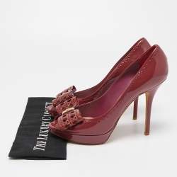 Pre Owned Dior Dark Pink Patent Leather Cannage Cut Out Bow Peep Toe Platform Pumps Size 40.5