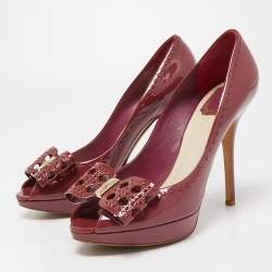 Pre Owned Dior Dark Pink Patent Leather Cannage Cut Out Bow Peep Toe Platform Pumps Size 40.5