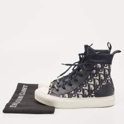Pre Owned Dior Navy Blue Knit Fabric and Leather Walk'n'Dior High Top Sneakers Size 37.5