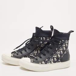 Pre Owned Dior Navy Blue Knit Fabric and Leather Walk'n'Dior High Top Sneakers Size 37.5