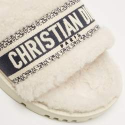 Dior White/Navy Blue Shearling Fur and Logo Canvas Dway Flat Slides Size 38