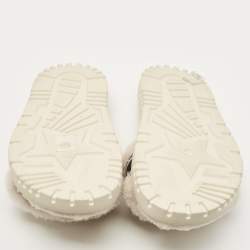 Dior White/Navy Blue Shearling Fur and Logo Canvas Dway Flat Slides Size 38