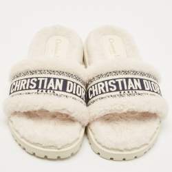 Dior White/Navy Blue Shearling Fur and Logo Canvas Dway Flat Slides Size 38