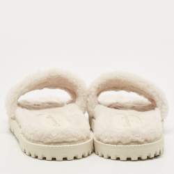 Dior White/Navy Blue Shearling Fur and Logo Canvas Dway Flat Slides Size 38