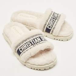 Dior White/Navy Blue Shearling Fur and Logo Canvas Dway Flat Slides Size 38