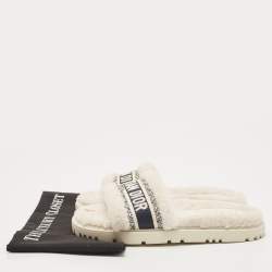 Dior White/Navy Blue Shearling Fur and Logo Canvas Dway Flat Slides Size 38