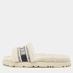 Dior White/Navy Blue Shearling Fur and Logo Canvas Dway Flat Slides Size 38