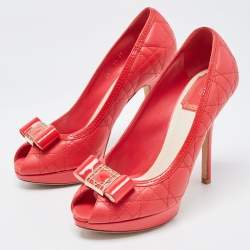 Dior Red Cannage Leather Bow Peep Toe Platform Pumps Size 37
