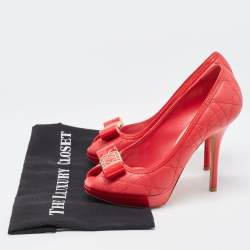 Dior Red Cannage Leather Bow Peep Toe Platform Pumps Size 37