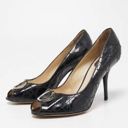 Pre Owned Dior Black Cannage Patent Leather Peep Toe Pumps Size 39.5
