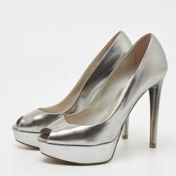 Dior Silver Leather Miss Dior Peep Toe Pumps Size 39