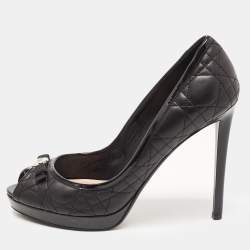 Pre Owned Dior Black Cannage Leather Bow Peep Toe Platform Pumps Size 40