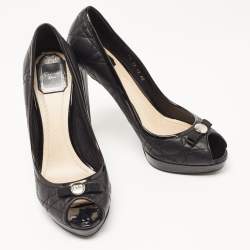 Pre Owned Dior Black Cannage Leather Bow Peep Toe Platform Pumps Size 40