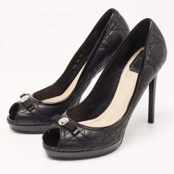 Pre Owned Dior Black Cannage Leather Bow Peep Toe Platform Pumps Size 40