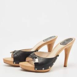 Dior Black Leather Lock Charm Wooden Clogs Size 39.5