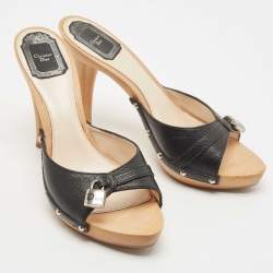 Dior Black Leather Lock Charm Wooden Clogs Size 39.5