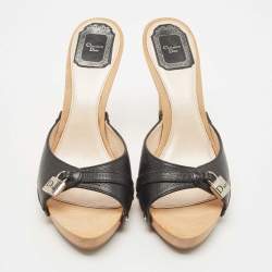 Dior Black Leather Lock Charm Wooden Clogs Size 39.5