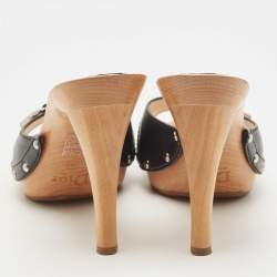 Dior Black Leather Lock Charm Wooden Clogs Size 39.5