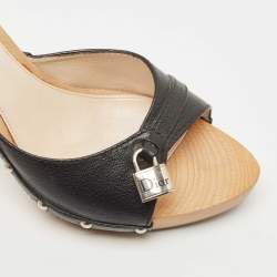 Dior Black Leather Lock Charm Wooden Clogs Size 39.5