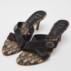 Dior Navy Blue Leather Cross Strap Slide Sandals Size 39