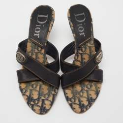 Dior Navy Blue Leather Cross Strap Slide Sandals Size 39