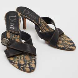 Dior Navy Blue Leather Cross Strap Slide Sandals Size 39