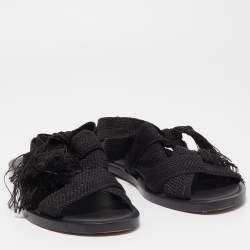 Dior Black Knit Fabric Ankle Wrap Sandals Size 38.5