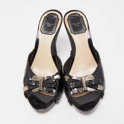 Dior Black Cannage Patent Bow Slide Sandals Size 38.5