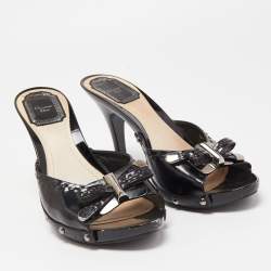 Dior Black Cannage Patent Bow Slide Sandals Size 38.5