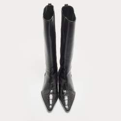 Pre Owned Dior Black Leather Croc Embossed and Leather Knee Length Boots Size 40