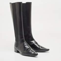 Pre Owned Dior Black Leather Croc Embossed and Leather Knee Length Boots Size 40