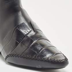 Pre Owned Dior Black Leather Croc Embossed and Leather Knee Length Boots Size 40