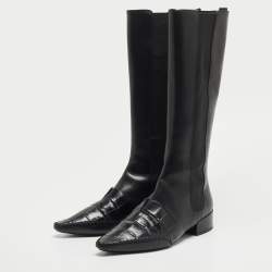 Pre Owned Dior Black Leather Croc Embossed and Leather Knee Length Boots Size 40