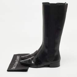 Pre Owned Dior Black Leather Croc Embossed and Leather Knee Length Boots Size 40