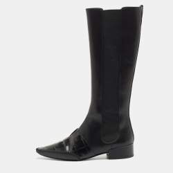 Pre Owned Dior Black Leather Croc Embossed and Leather Knee Length Boots Size 40