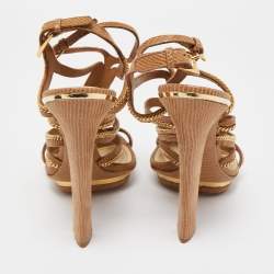 Pre Owned Dior Brown Lizard Embossed Suede Chain Detail Ankle Strap Sandals Size 39