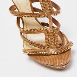 Pre Owned Dior Brown Lizard Embossed Suede Chain Detail Ankle Strap Sandals Size 39