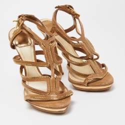 Pre Owned Dior Brown Lizard Embossed Suede Chain Detail Ankle Strap Sandals Size 39