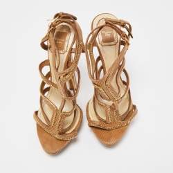 Pre Owned Dior Brown Lizard Embossed Suede Chain Detail Ankle Strap Sandals Size 39