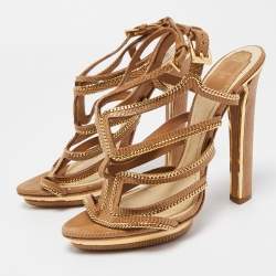 Pre Owned Dior Brown Lizard Embossed Suede Chain Detail Ankle Strap Sandals Size 39