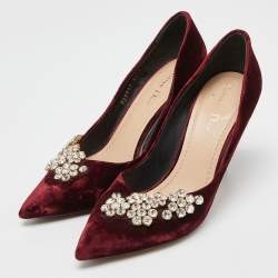 Pre Owned Dior Burgundy Velvet Crystal Embellished Pointed Toe Pumps Size 39.5